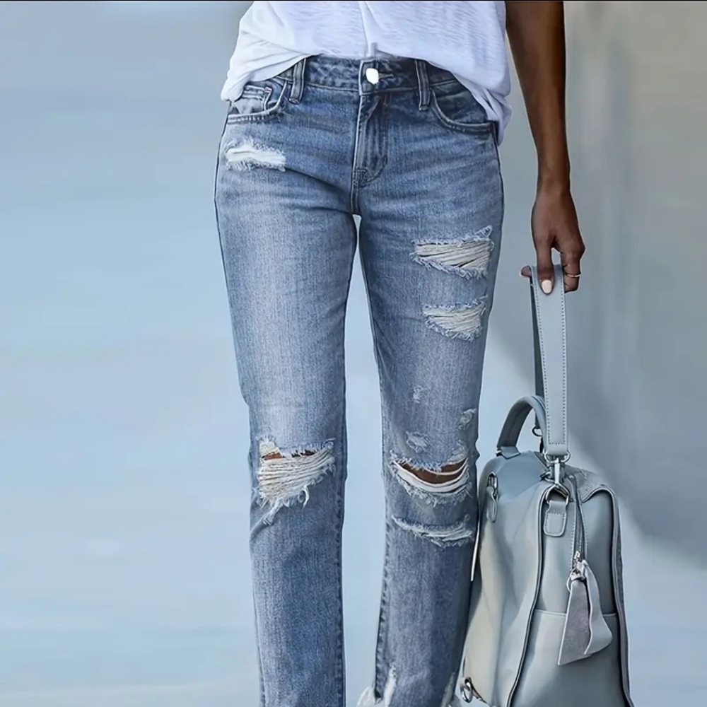 Women's Distressed Blue Jeans. Mid Rise Stretched, High Elasticity. Frayed Hem